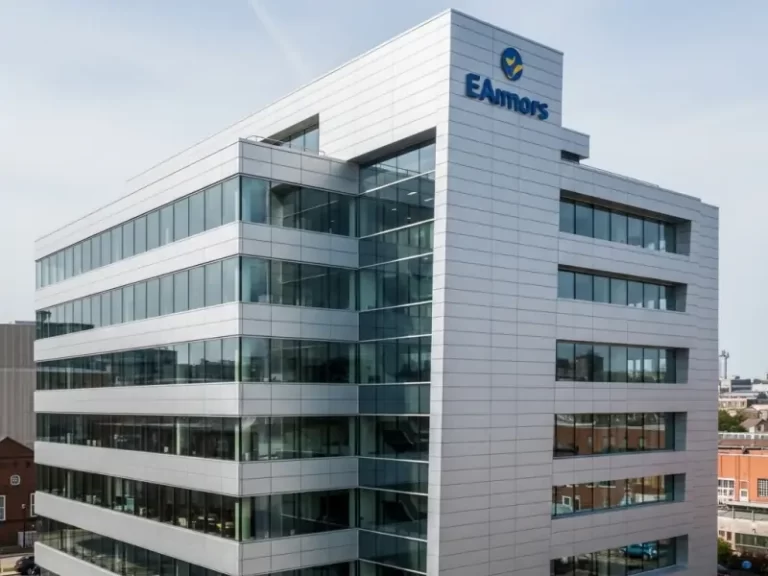 A modern office building showcasing sleek aluminum facade cladding.